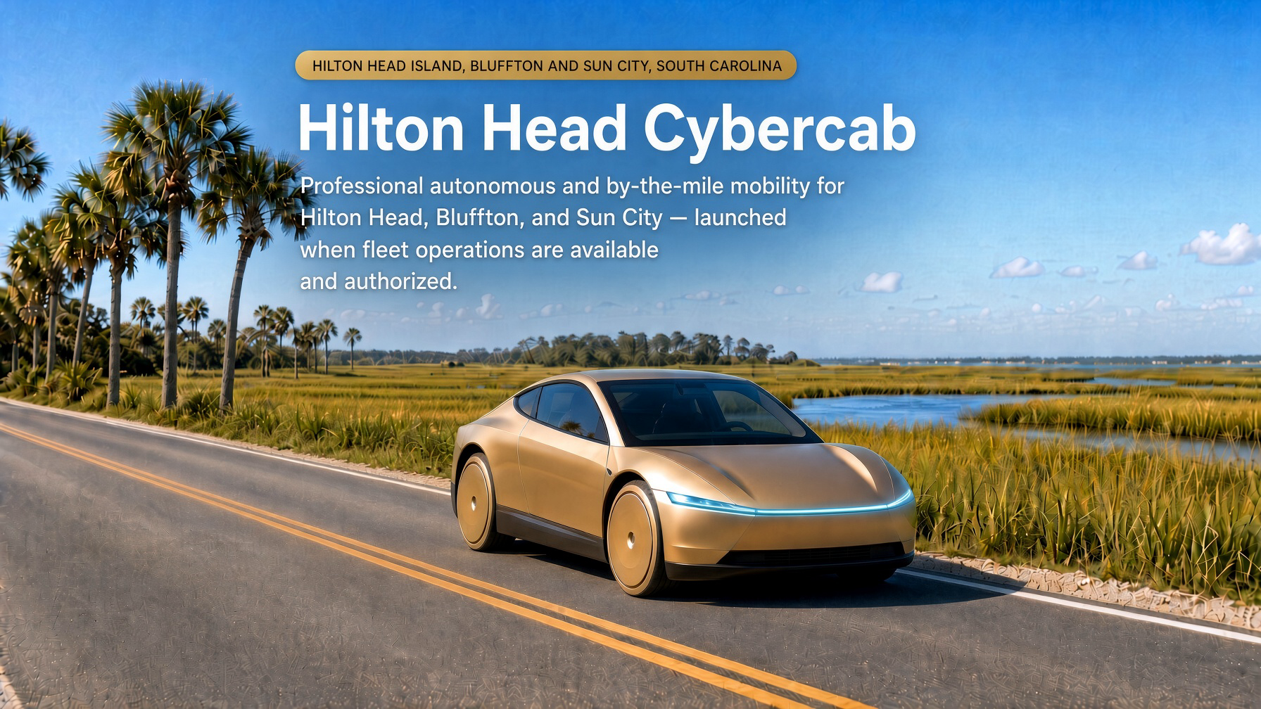 Hilton Head Cybercab — gold Cybercab on a Lowcountry coastal road